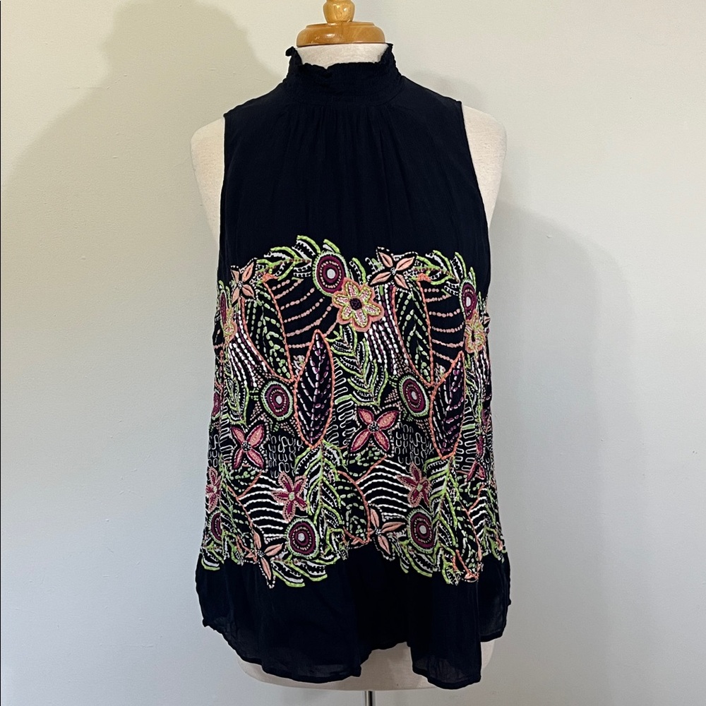 Kaari Blue Beautifully Embroidered high neck Sleeveless Tank Navy Plus Curvy